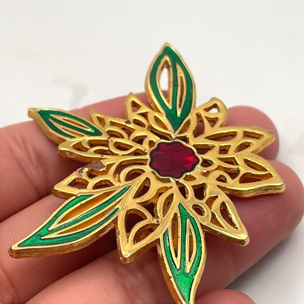 Vintage Gold Tone Poinsettia Flower Brooch Pin Green Red Enamel Leave Statement